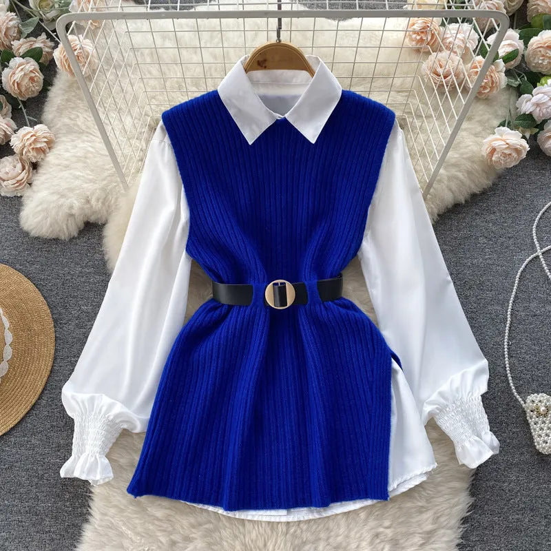 Light Luxury Socialite Suit Women's Loose Long Sleeve White Shirt Top Slit Knitted Vest Jacket Two-Piece Set0.4kg