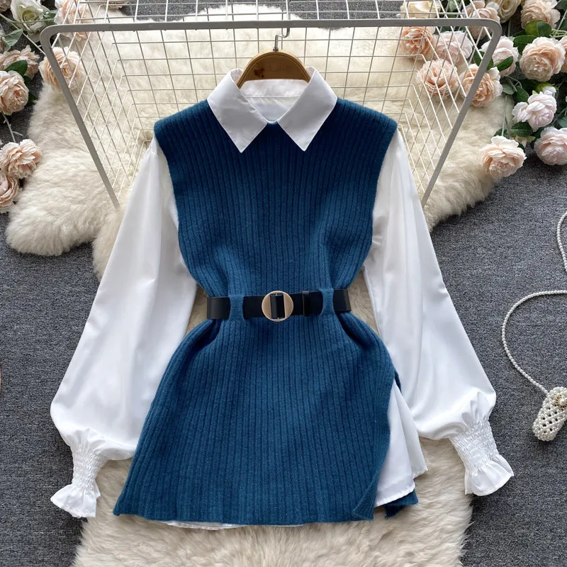 Light Luxury Socialite Suit Women's Loose Long Sleeve White Shirt Top Slit Knitted Vest Jacket Two-Piece Set0.4kg