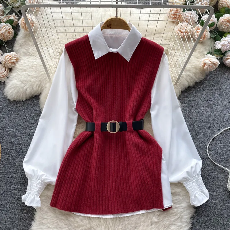 Light Luxury Socialite Suit Women's Loose Long Sleeve White Shirt Top Slit Knitted Vest Jacket Two-Piece Set0.4kg