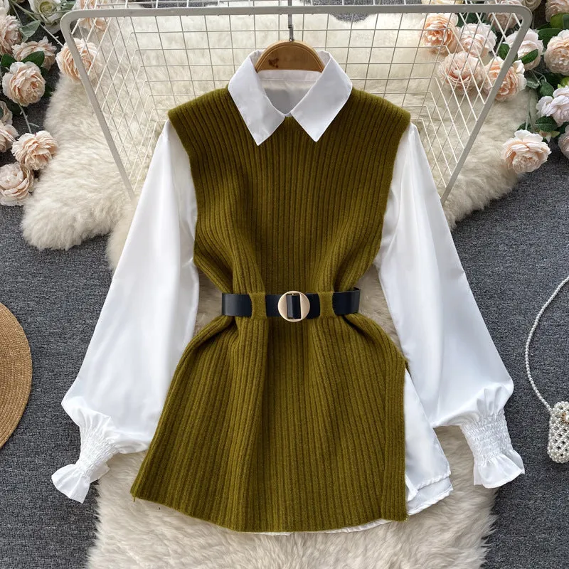 Light Luxury Socialite Suit Women's Loose Long Sleeve White Shirt Top Slit Knitted Vest Jacket Two-Piece Set0.4kg