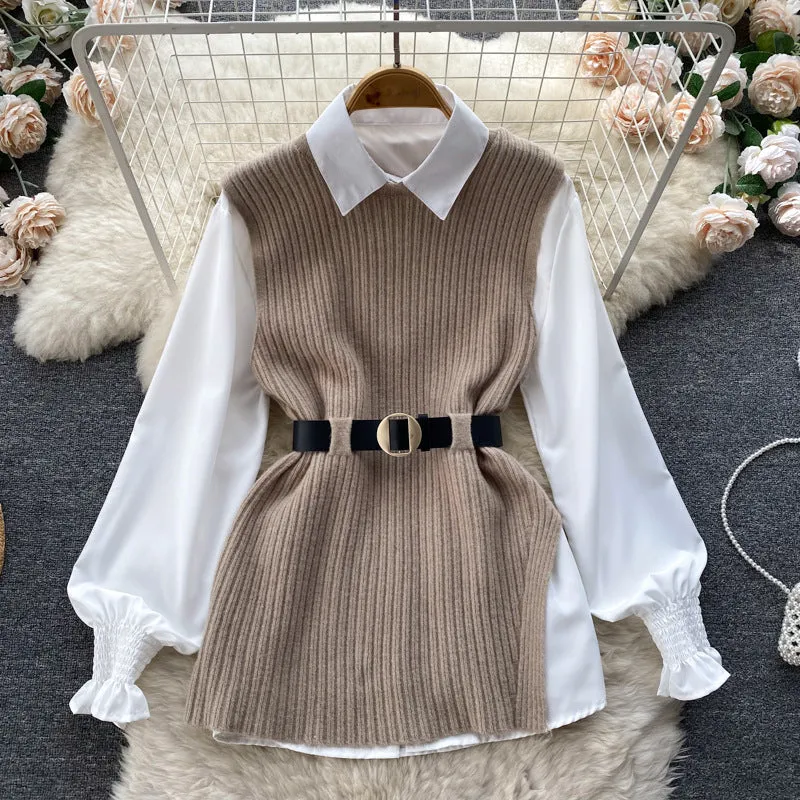 Light Luxury Socialite Suit Women's Loose Long Sleeve White Shirt Top Slit Knitted Vest Jacket Two-Piece Set0.4kg
