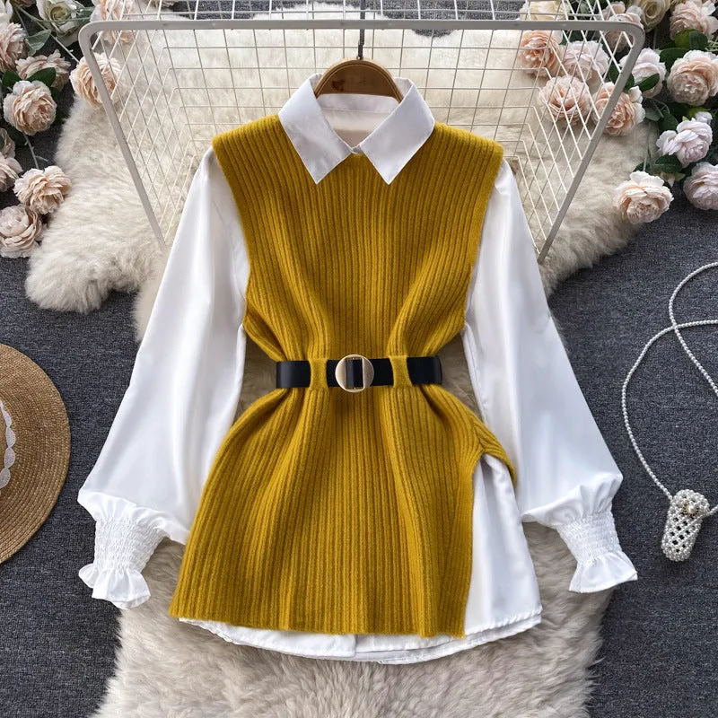 Light Luxury Socialite Suit Women's Loose Long Sleeve White Shirt Top Slit Knitted Vest Jacket Two-Piece Set0.4kg