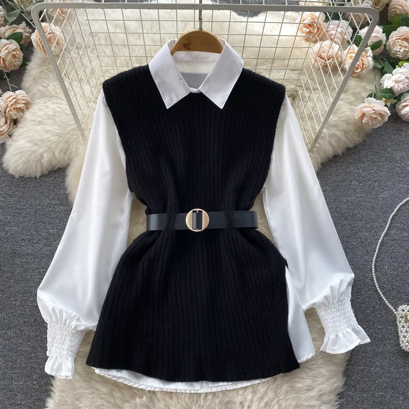 Light Luxury Socialite Suit Women's Loose Long Sleeve White Shirt Top Slit Knitted Vest Jacket Two-Piece Set0.4kg