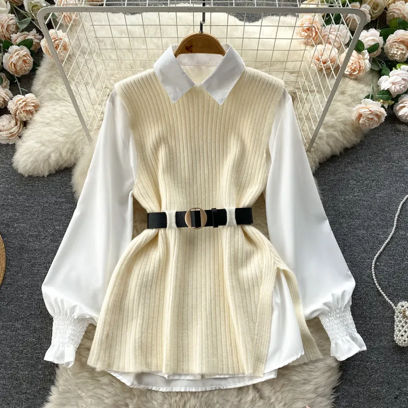 Light Luxury Socialite Suit Women's Loose Long Sleeve White Shirt Top Slit Knitted Vest Jacket Two-Piece Set0.4kg