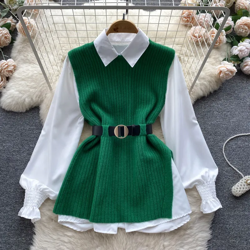 Light Luxury Socialite Suit Women's Loose Long Sleeve White Shirt Top Slit Knitted Vest Jacket Two-Piece Set0.4kg