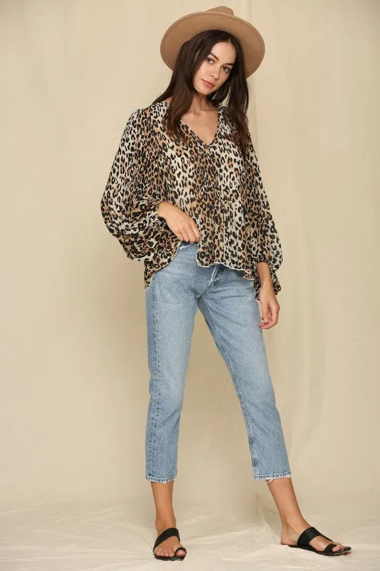 Long sleeve accordion pleats crepe chiffon top
