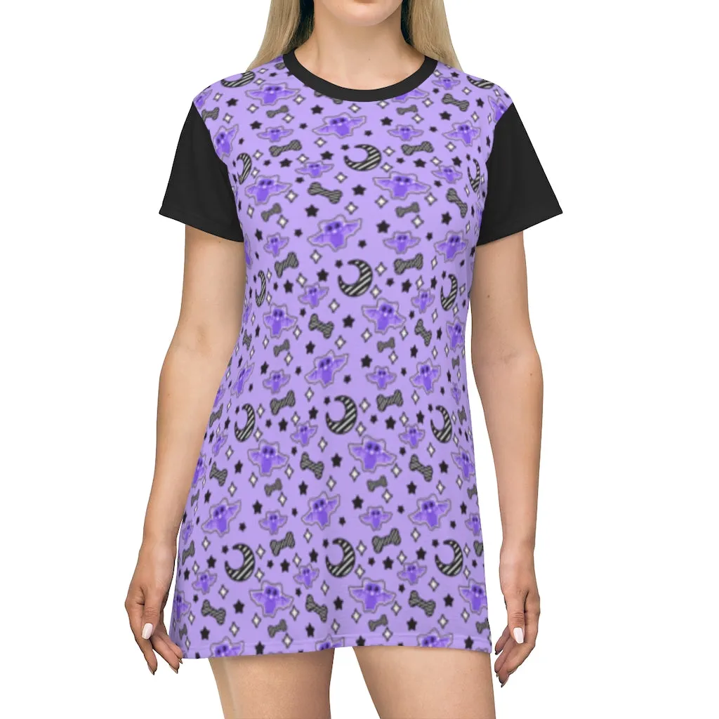 Magical Kawaii Spooky Bats Purple All Over Print T-Shirt Mini Dress