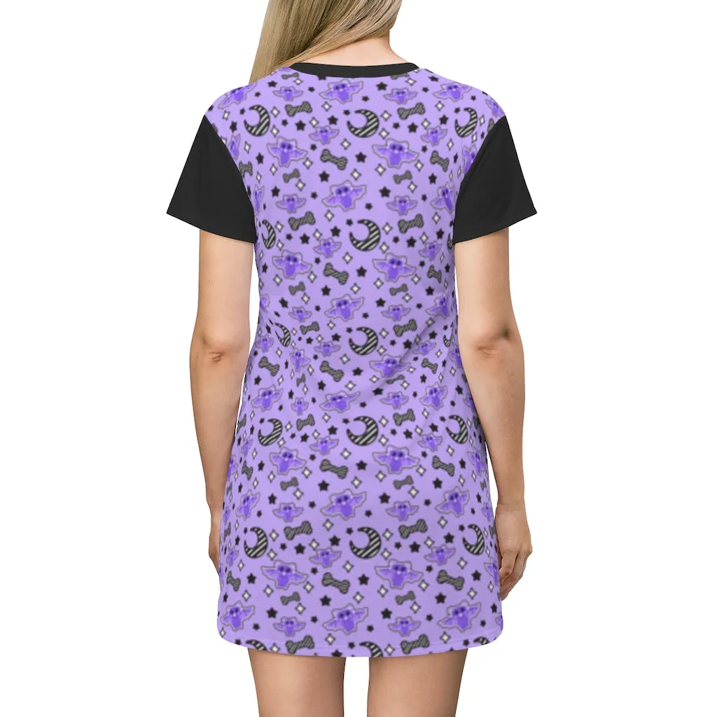 Magical Kawaii Spooky Bats Purple All Over Print T-Shirt Mini Dress