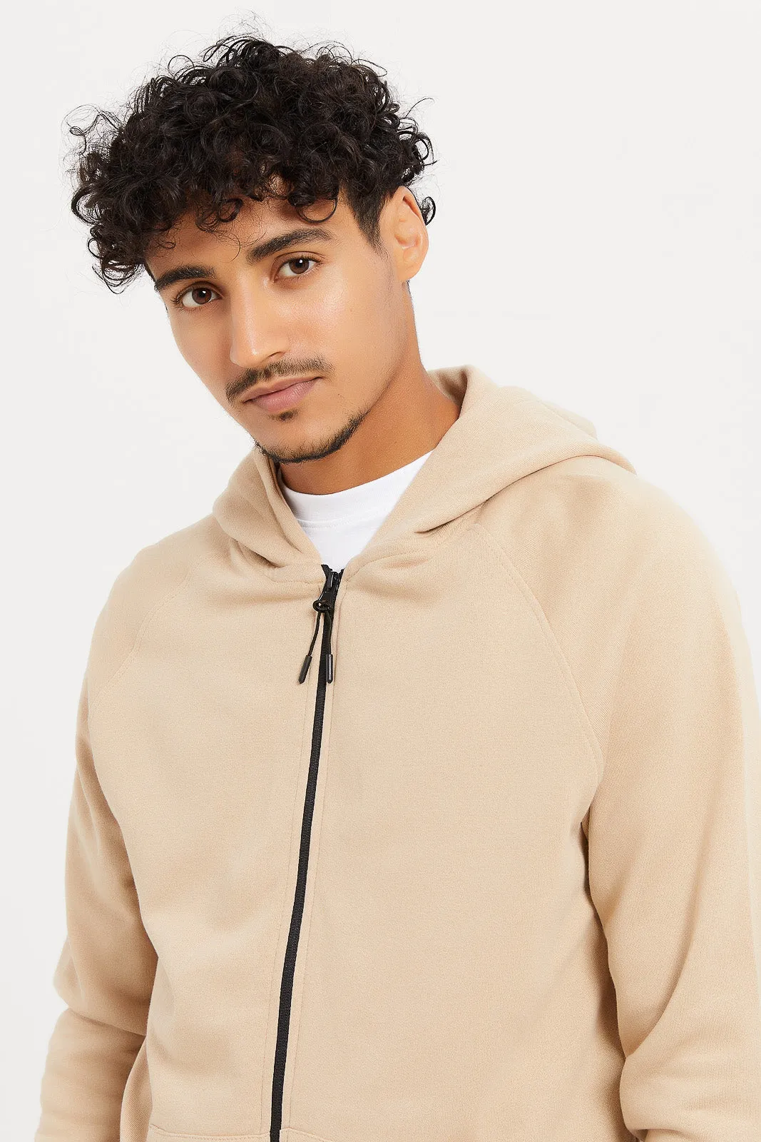 Men Plain Beige Active Zip Through Hooded Sweatshirt