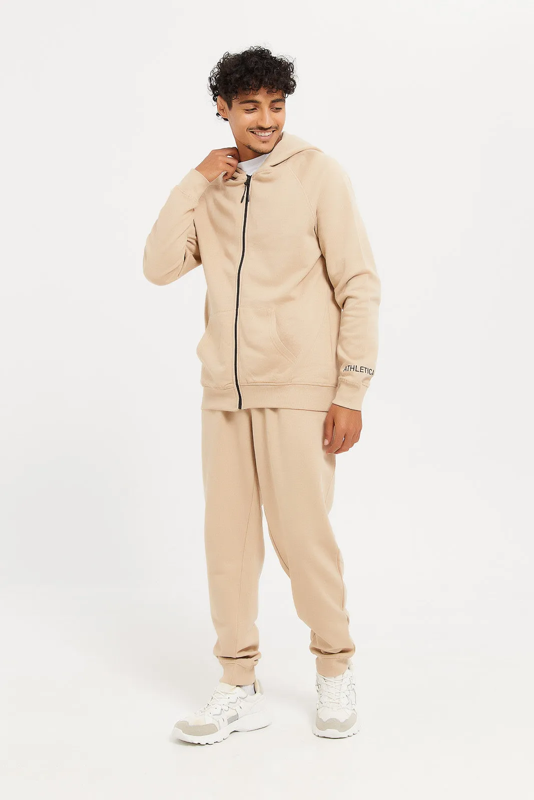 Men Plain Beige Active Zip Through Hooded Sweatshirt