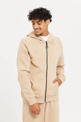 Men Plain Beige Active Zip Through Hooded Sweatshirt