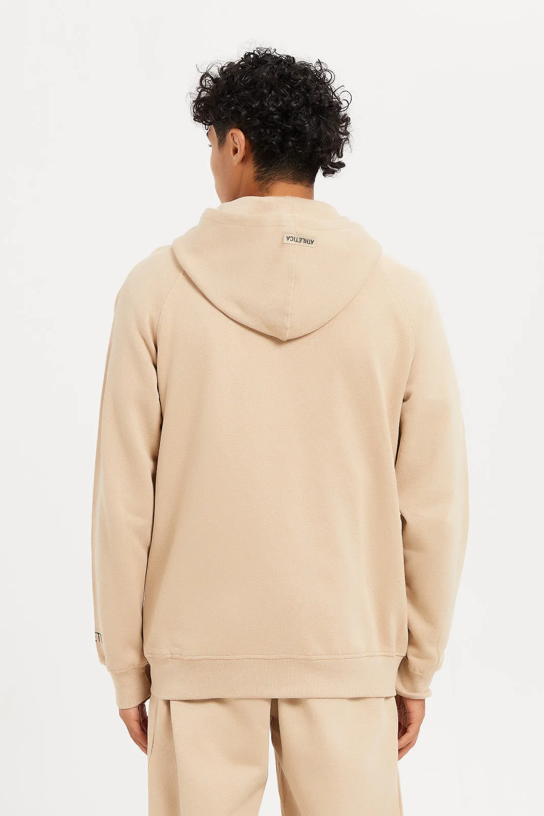 Men Plain Beige Active Zip Through Hooded Sweatshirt