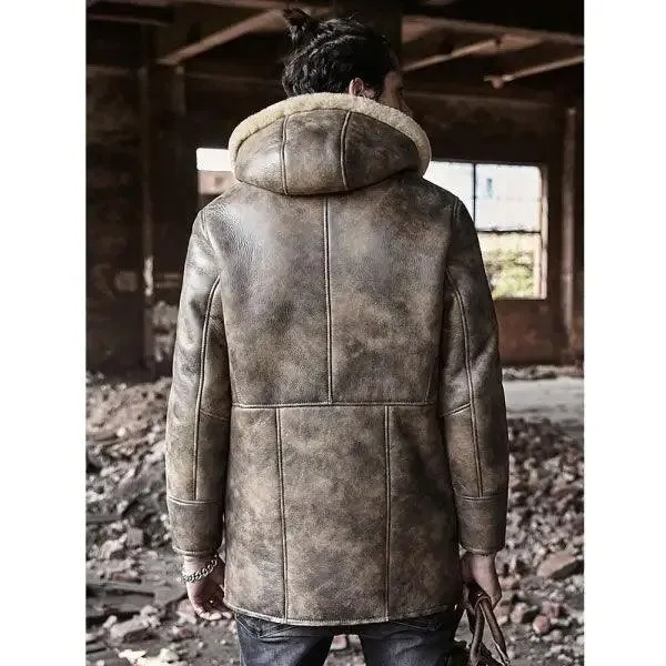 Men's Hooded Fur Coat Sheepskin Coat Long Leather Jacket Thick Men's Winter Coats