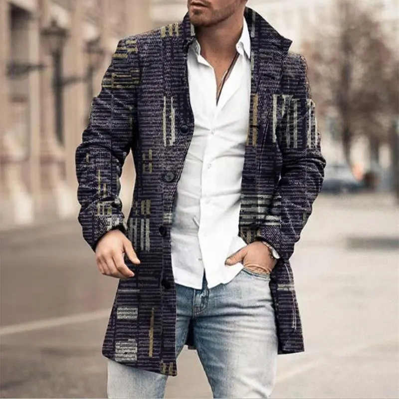 Men's Mid-Length Plaid Print Coat Casual Windbreaker 53625489L