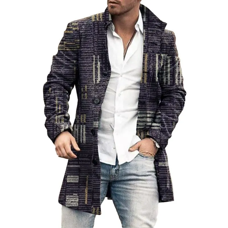 Men's Mid-Length Plaid Print Coat Casual Windbreaker 53625489L