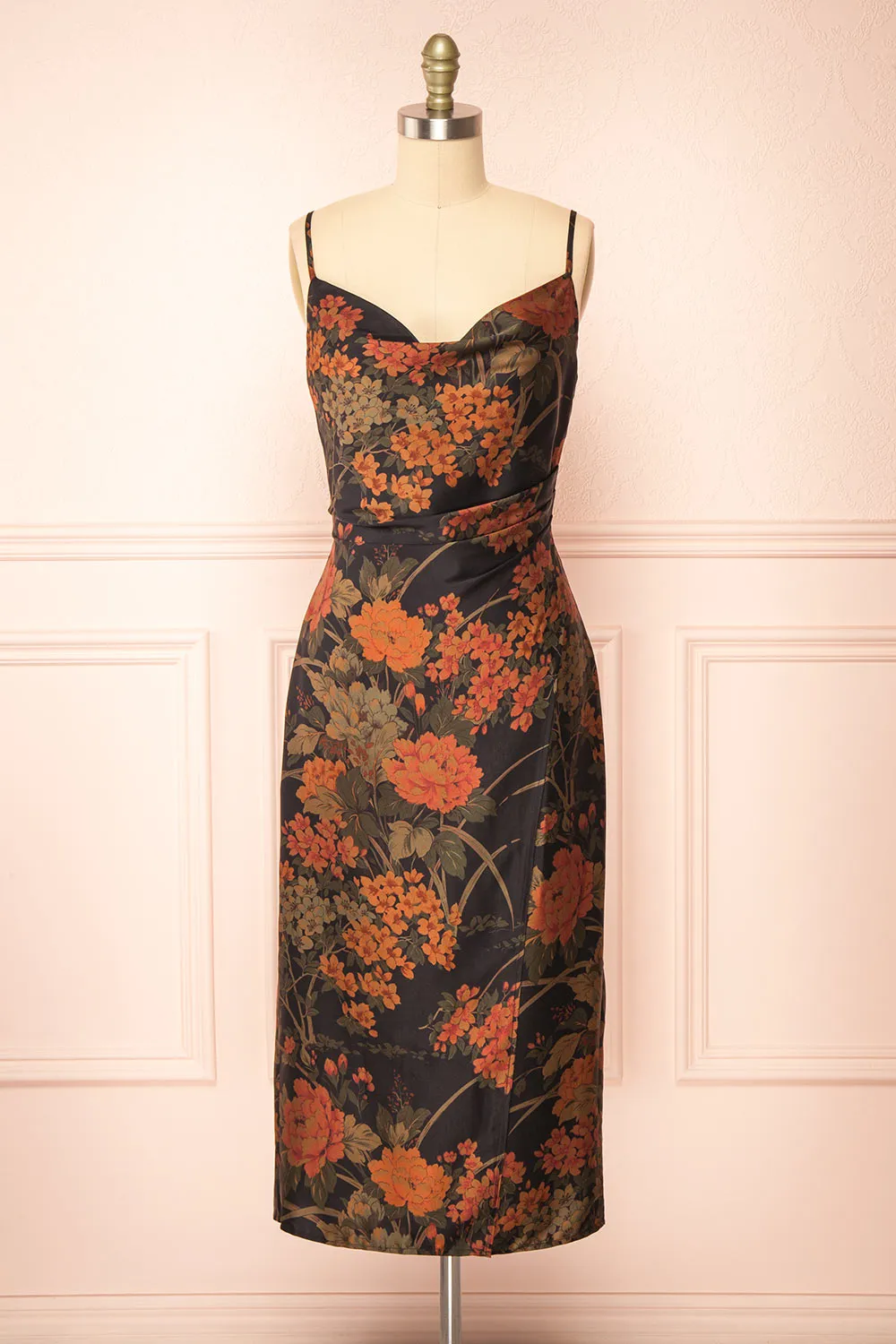 Myrtana | Cowl Neck Floral Satin Slip Dress
