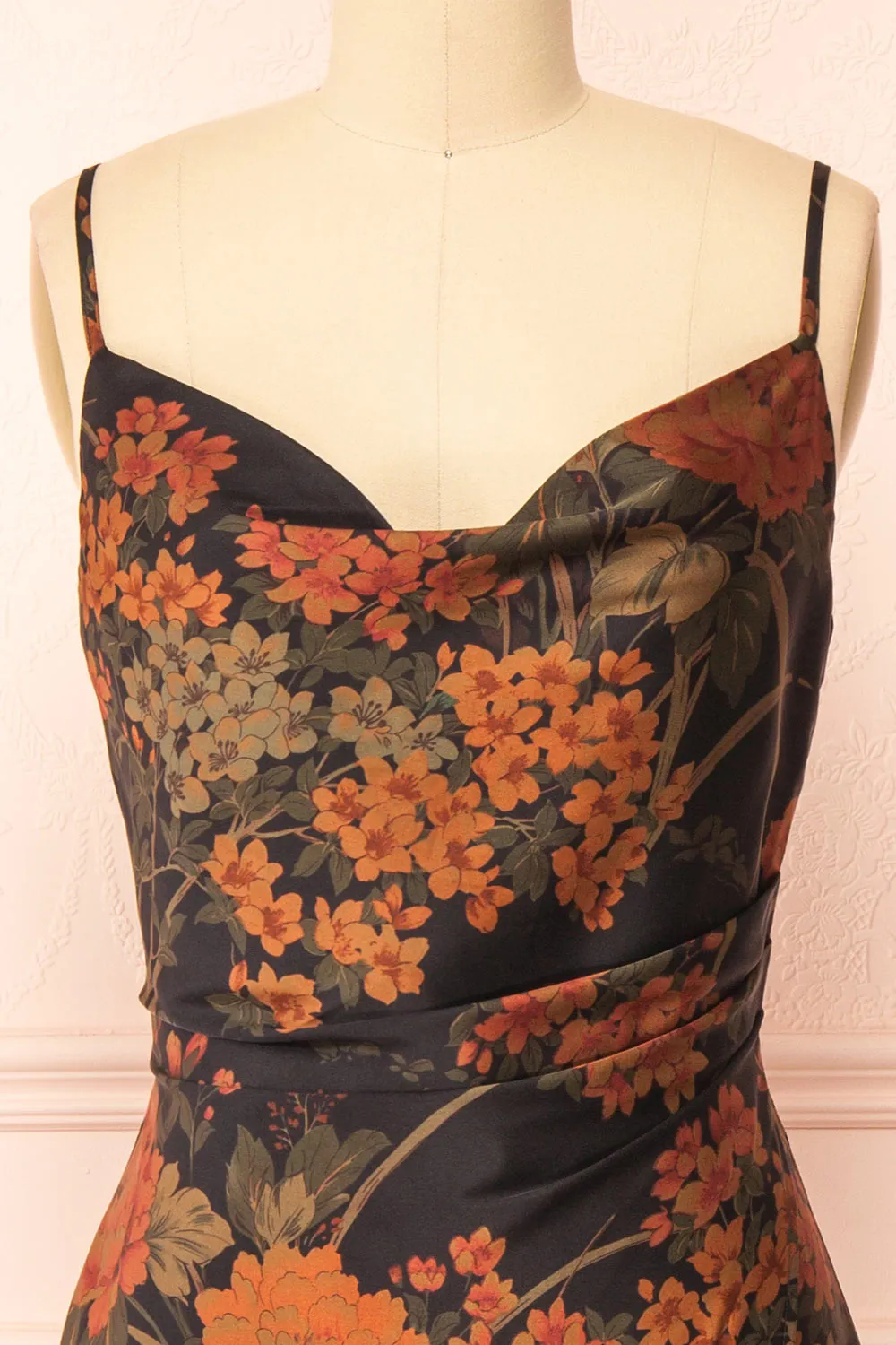 Myrtana | Cowl Neck Floral Satin Slip Dress