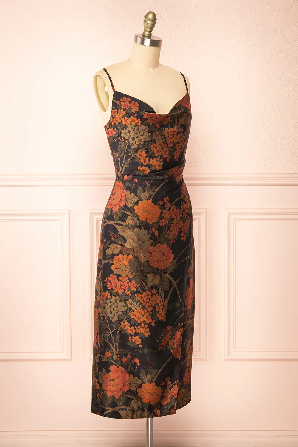 Myrtana | Cowl Neck Floral Satin Slip Dress