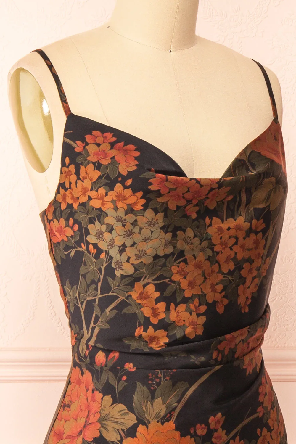 Myrtana | Cowl Neck Floral Satin Slip Dress