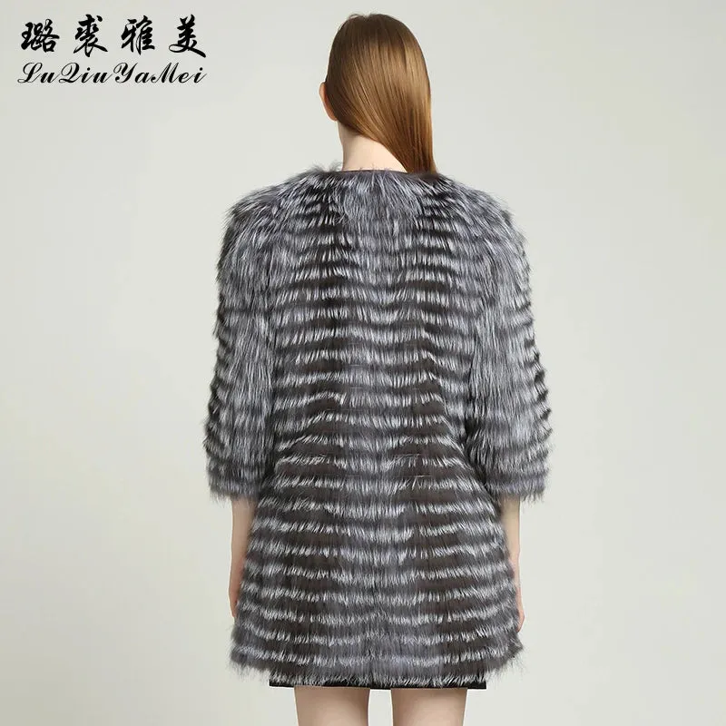 Natural Silver Fox Fur Coat for Women Real Fur Coat Winter Genuine Leather Jacket Fur Coat Female Jackets Slim Striped Coats