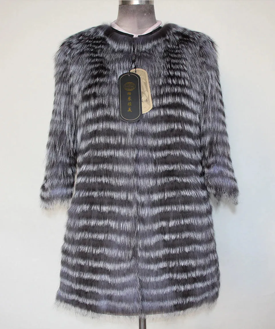 Natural Silver Fox Fur Coat for Women Real Fur Coat Winter Genuine Leather Jacket Fur Coat Female Jackets Slim Striped Coats