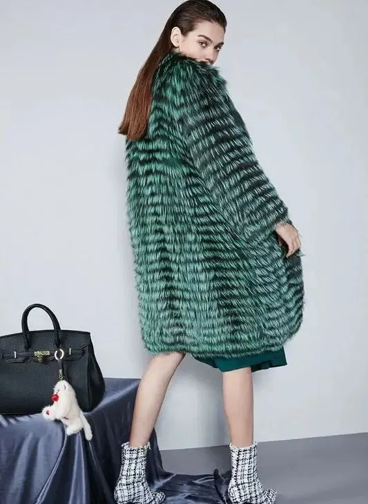 Natural Silver Fox Fur Coat for Women Real Fur Coat Winter Genuine Leather Jacket Fur Coat Female Jackets Slim Striped Coats