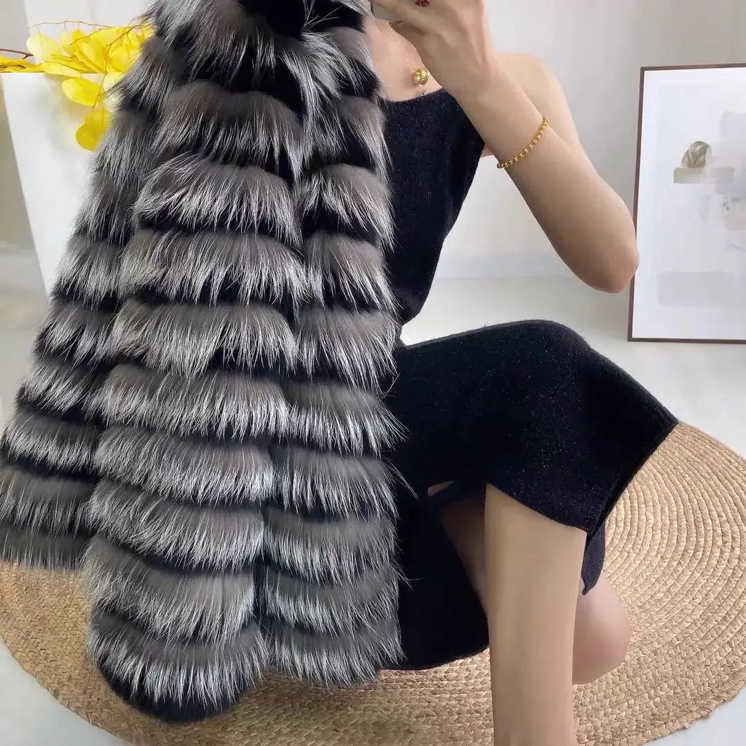 Natural Silver Fox Fur Coat for Women Real Fur Coat Winter Genuine Leather Jacket Fur Coat Female Jackets Slim Striped Coats