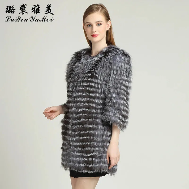 Natural Silver Fox Fur Coat for Women Real Fur Coat Winter Genuine Leather Jacket Fur Coat Female Jackets Slim Striped Coats