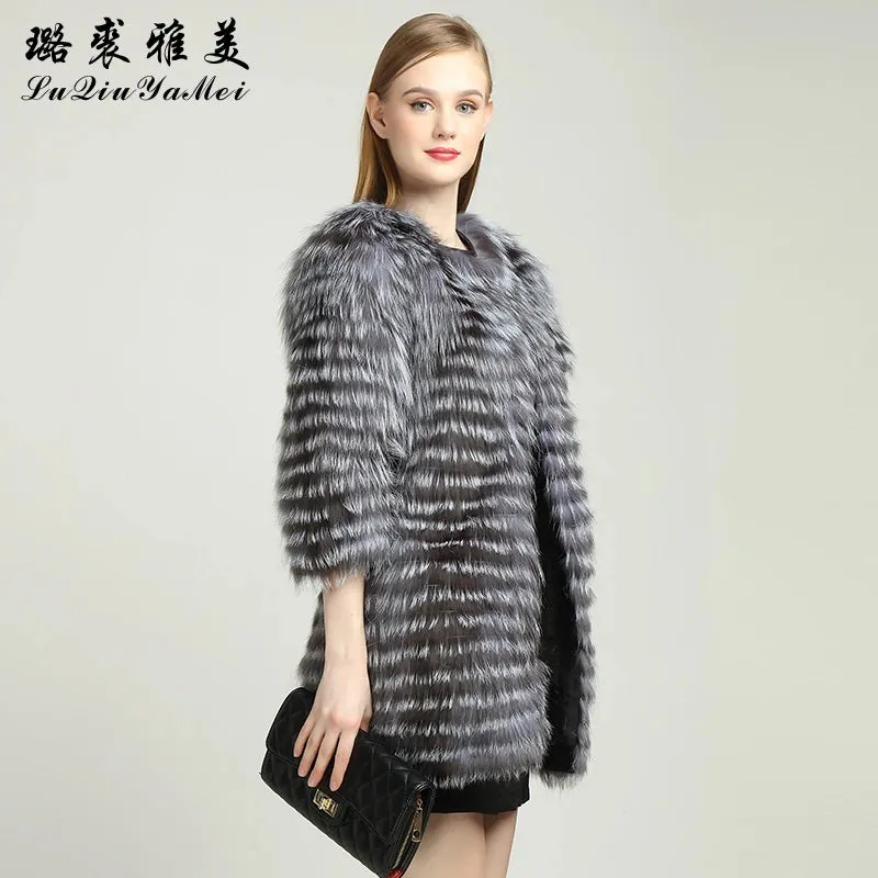 Natural Silver Fox Fur Coat for Women Real Fur Coat Winter Genuine Leather Jacket Fur Coat Female Jackets Slim Striped Coats