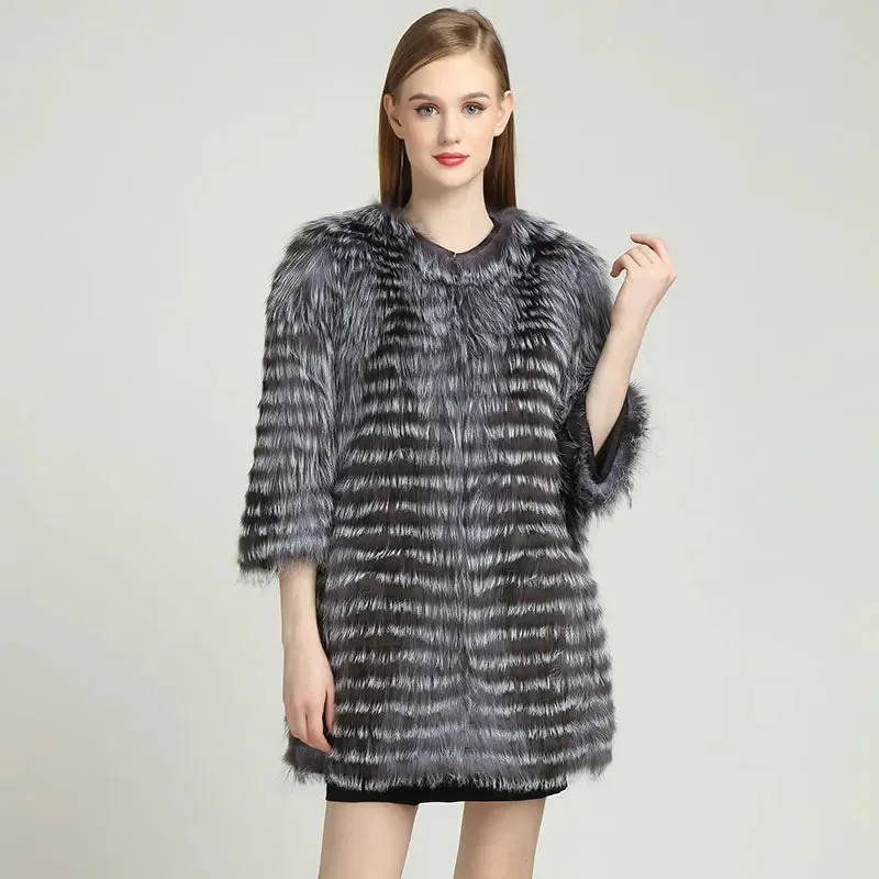Natural Silver Fox Fur Coat for Women Real Fur Coat Winter Genuine Leather Jacket Fur Coat Female Jackets Slim Striped Coats