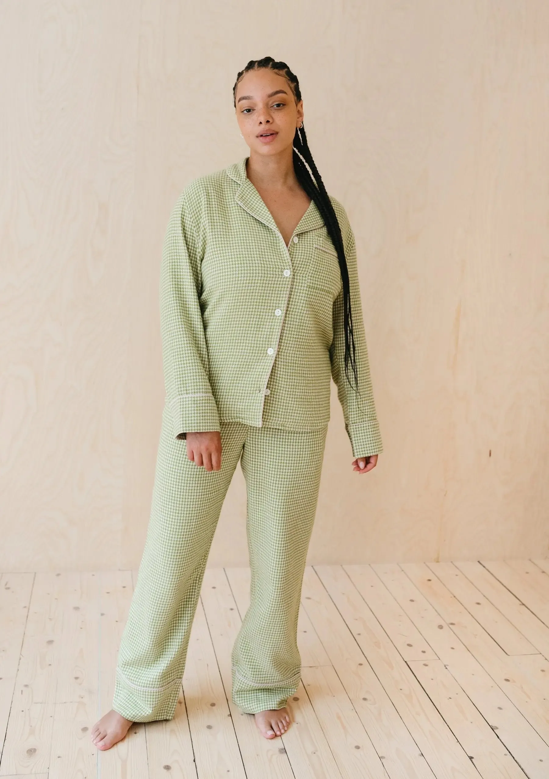 Olive Houndstooth Cotton Pyjama Trouser Set