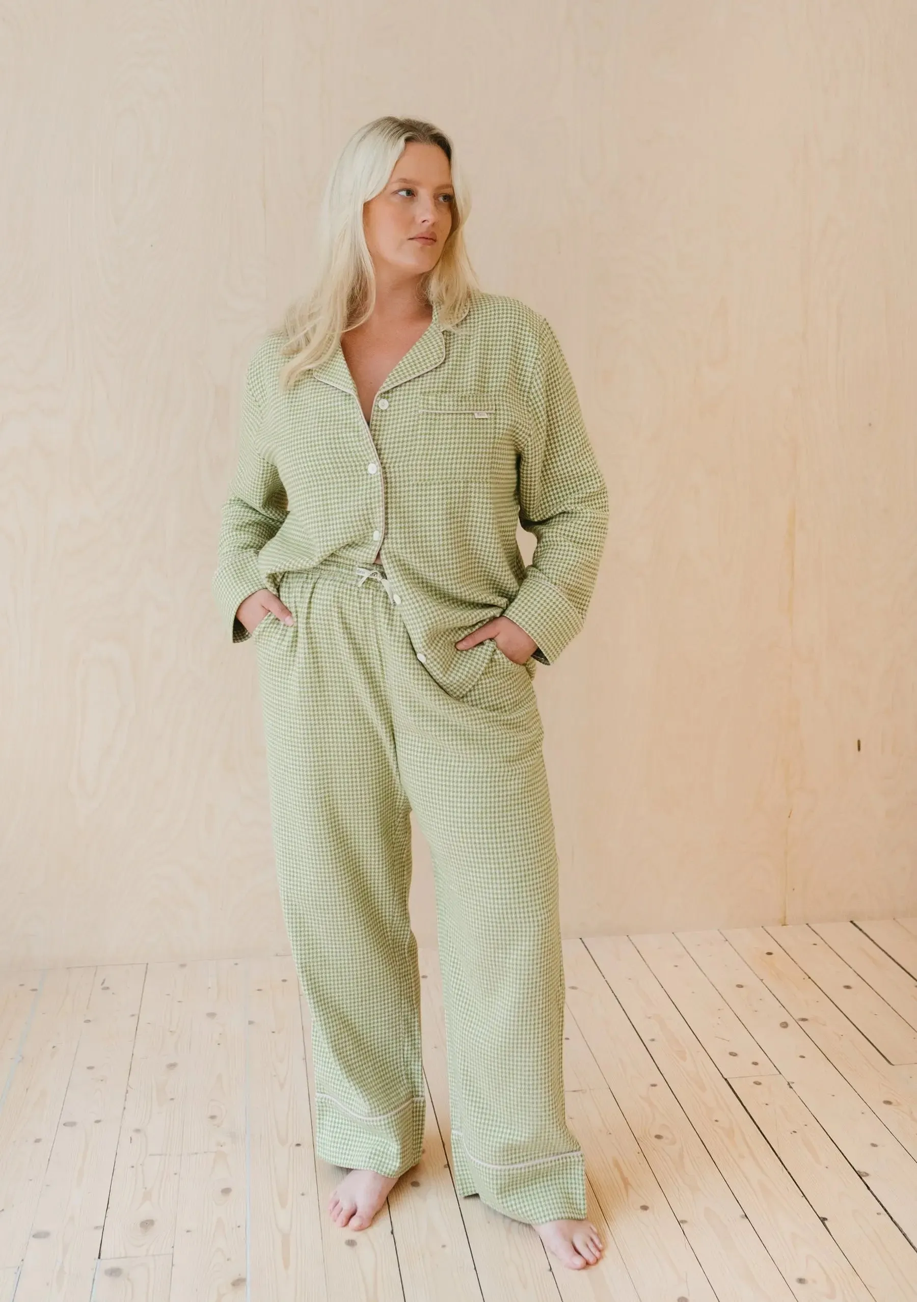 Olive Houndstooth Cotton Pyjama Trouser Set