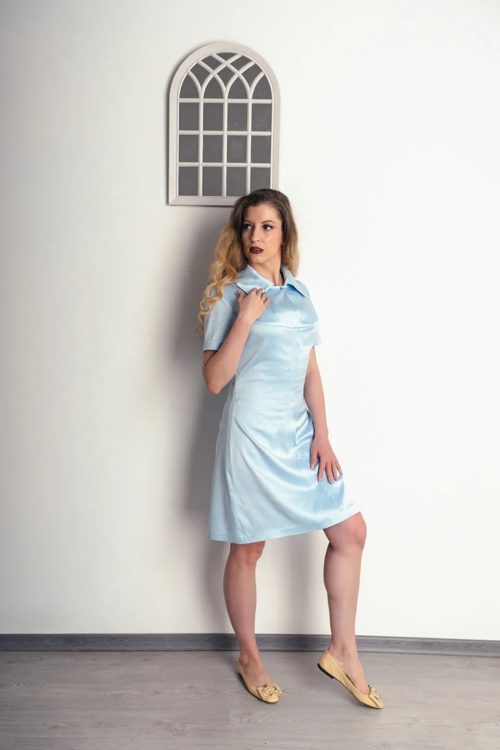 "Maggie" Shirt Collar Dress In Blue Satin
