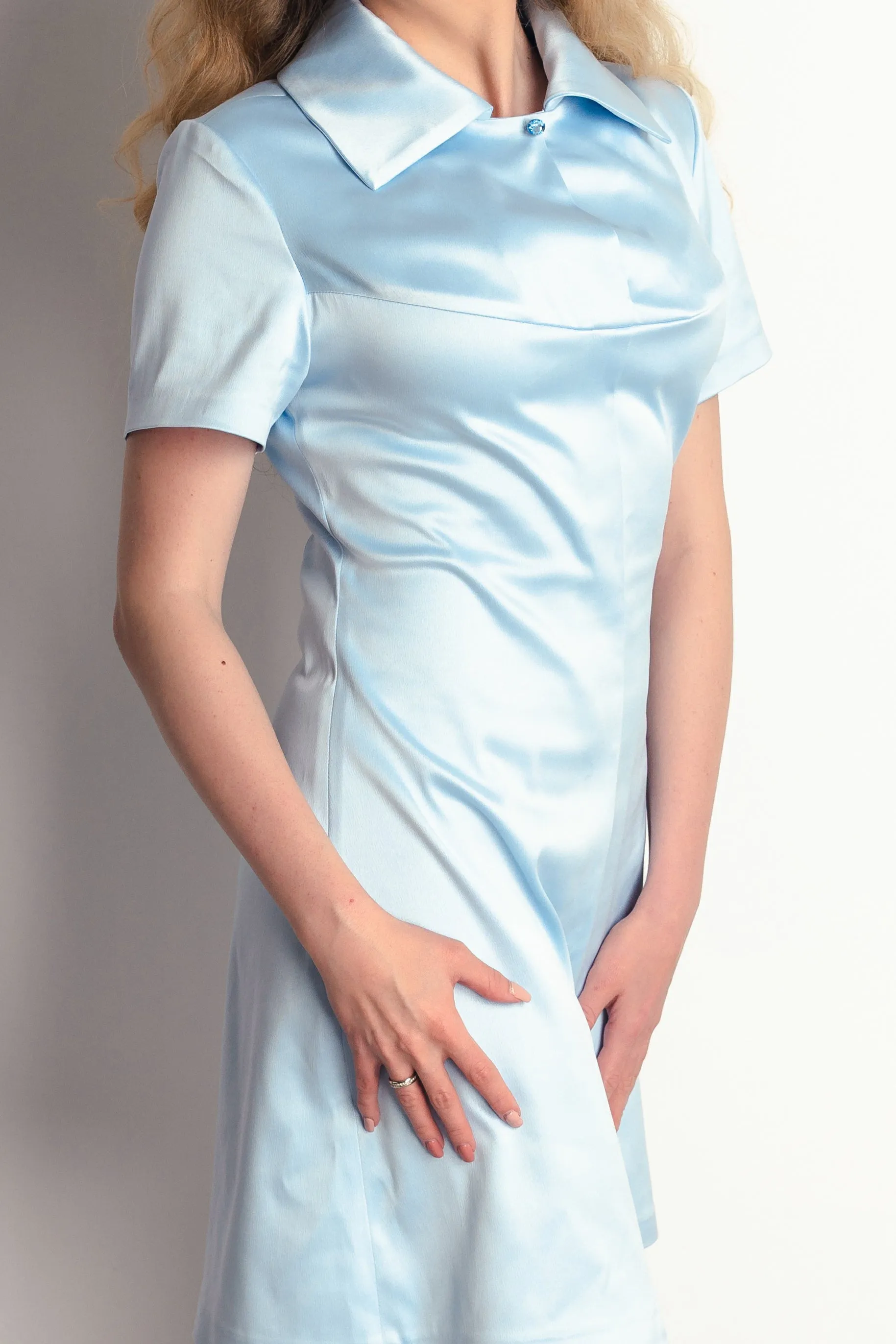 "Maggie" Shirt Collar Dress In Blue Satin