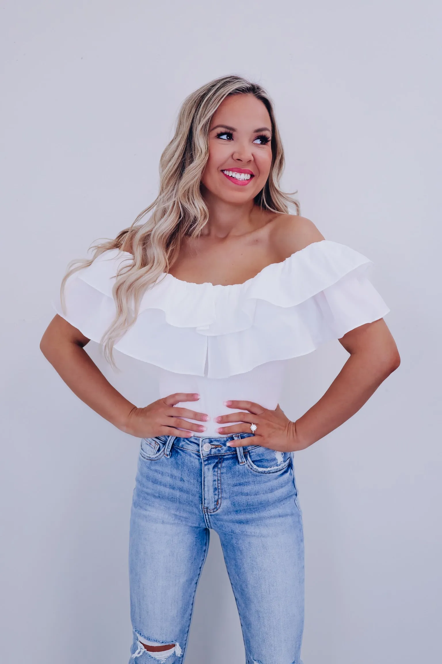 Radiant Ruffled Off Shoulder Bodysuit  - White