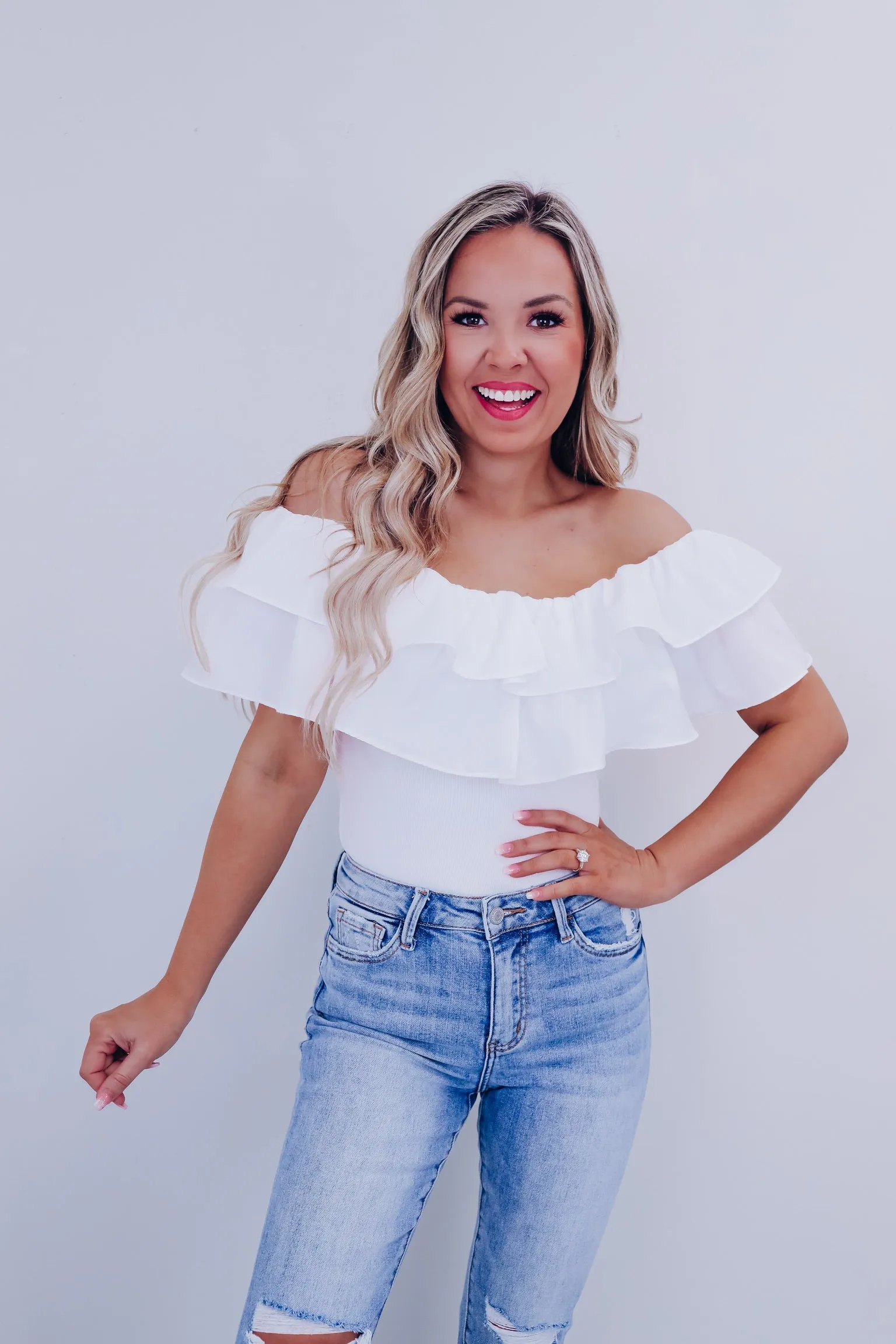 Radiant Ruffled Off Shoulder Bodysuit  - White