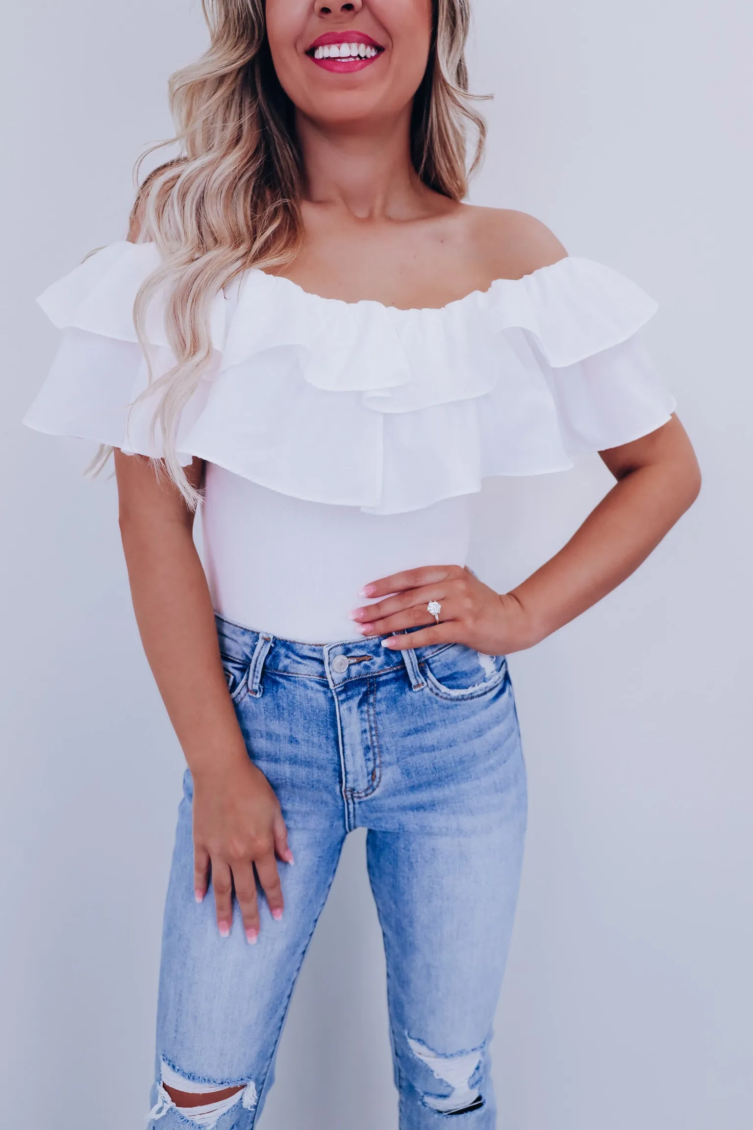 Radiant Ruffled Off Shoulder Bodysuit  - White