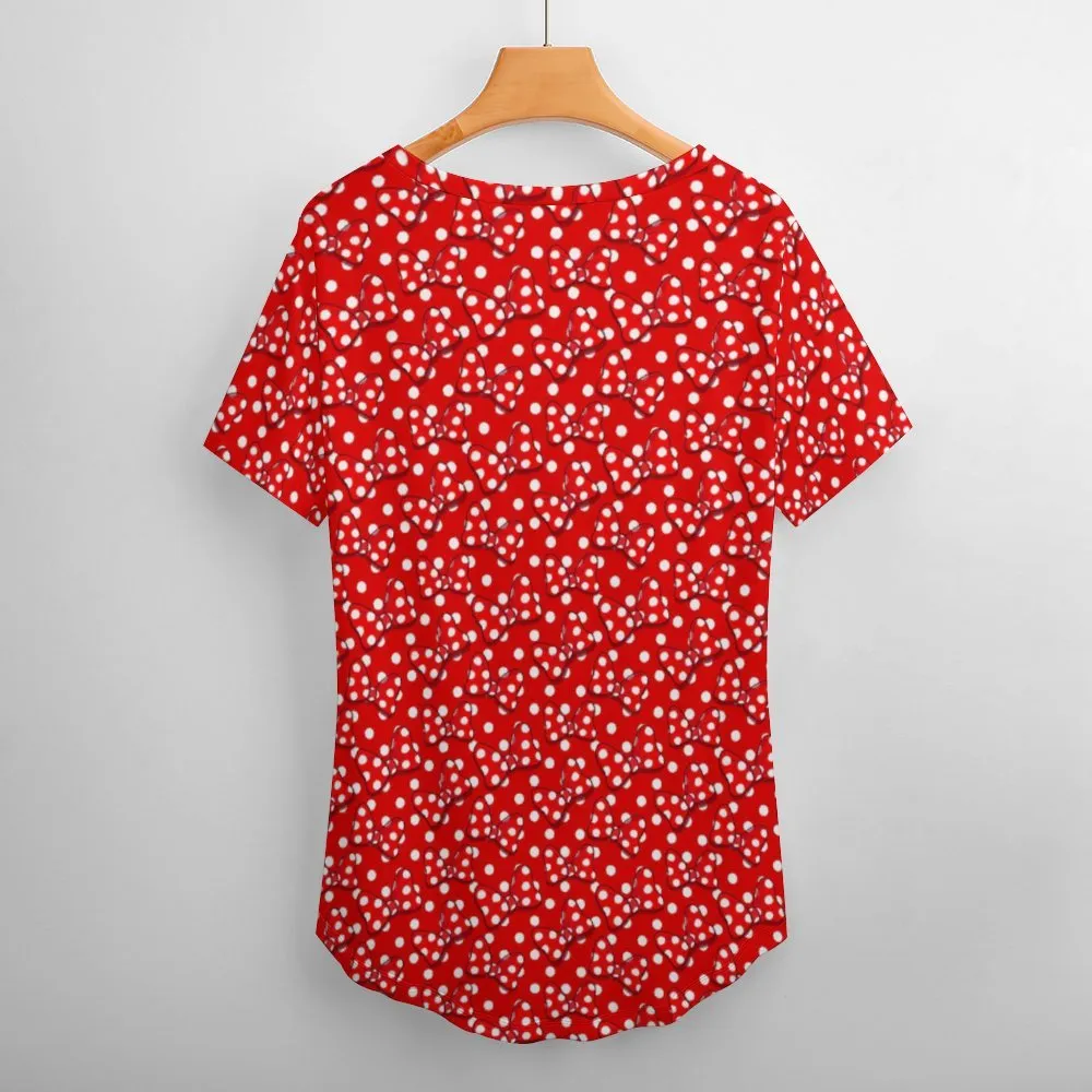 Red With White Polka Dot And Bows Women's V-Neck T-Shirt