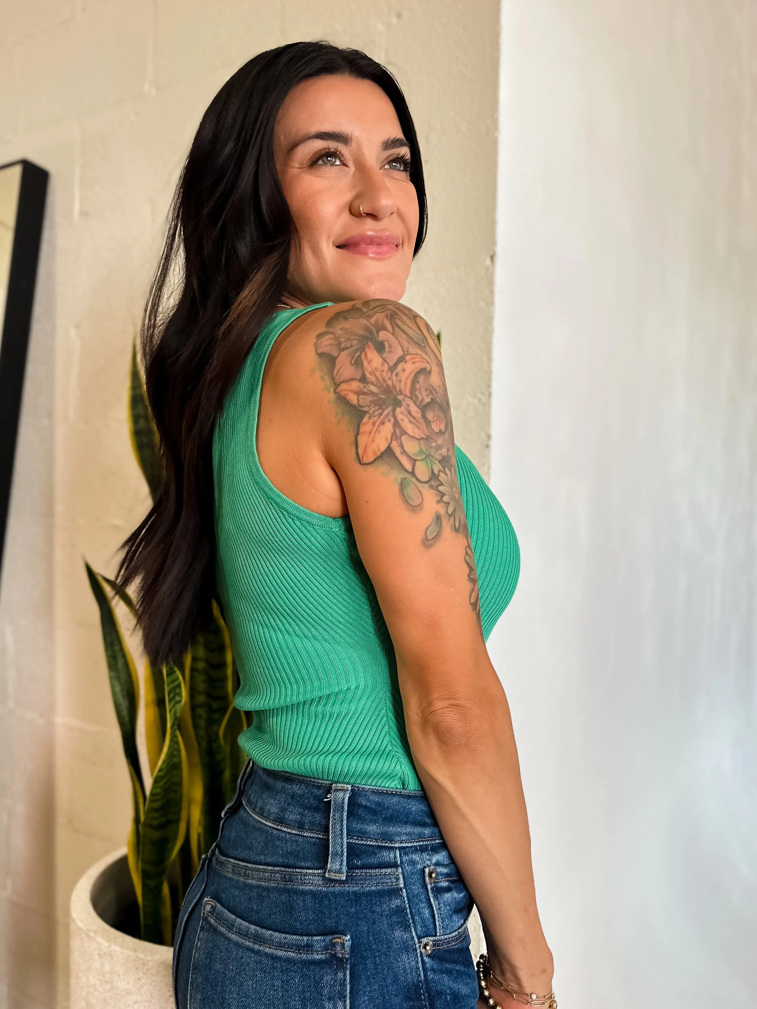 Ribbed Knit Scoop Neck Bodysuit - Kelly Green