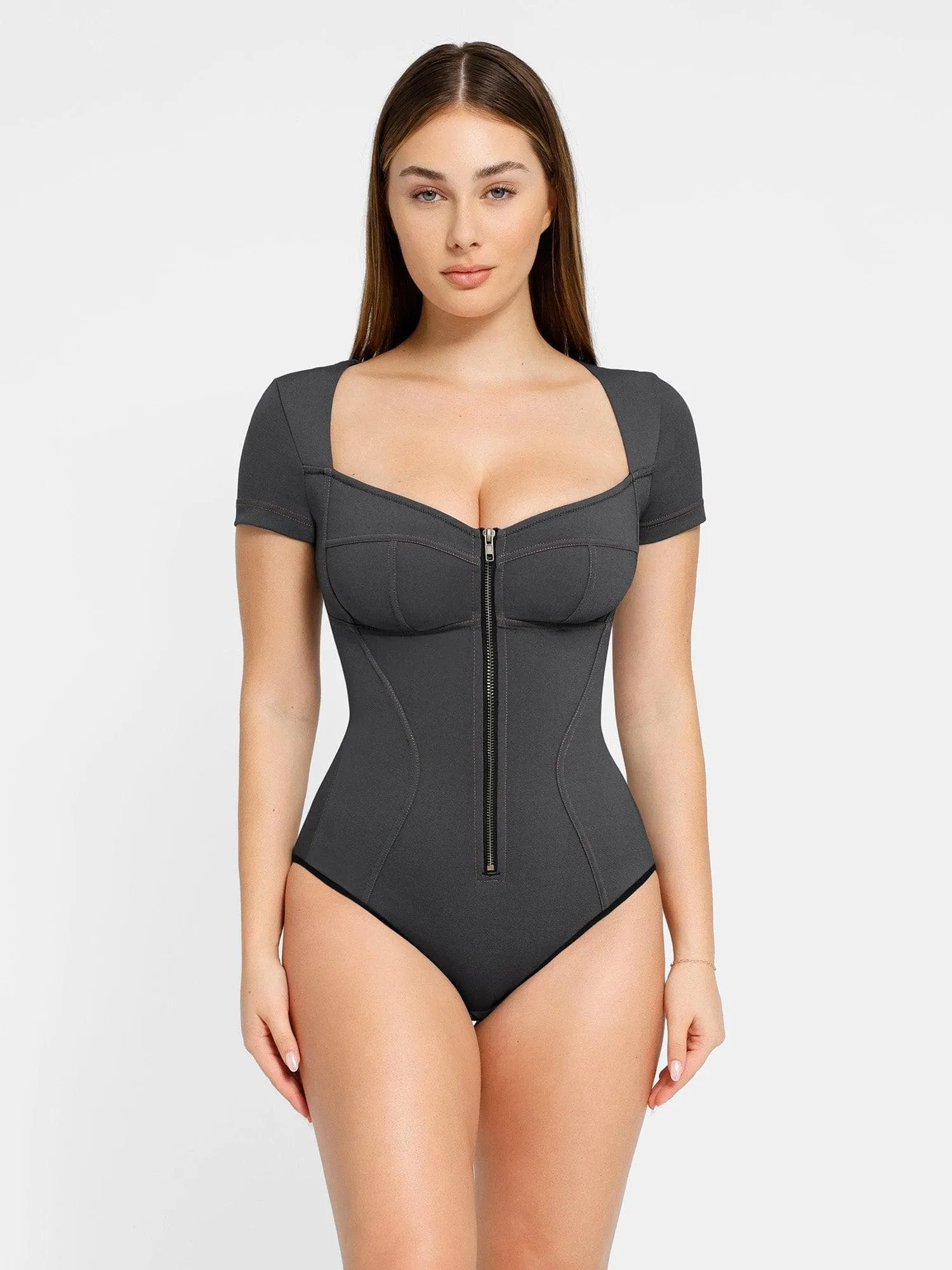 Shapewear Denim Short Sleeve Zip Front Slimming Bodysuit