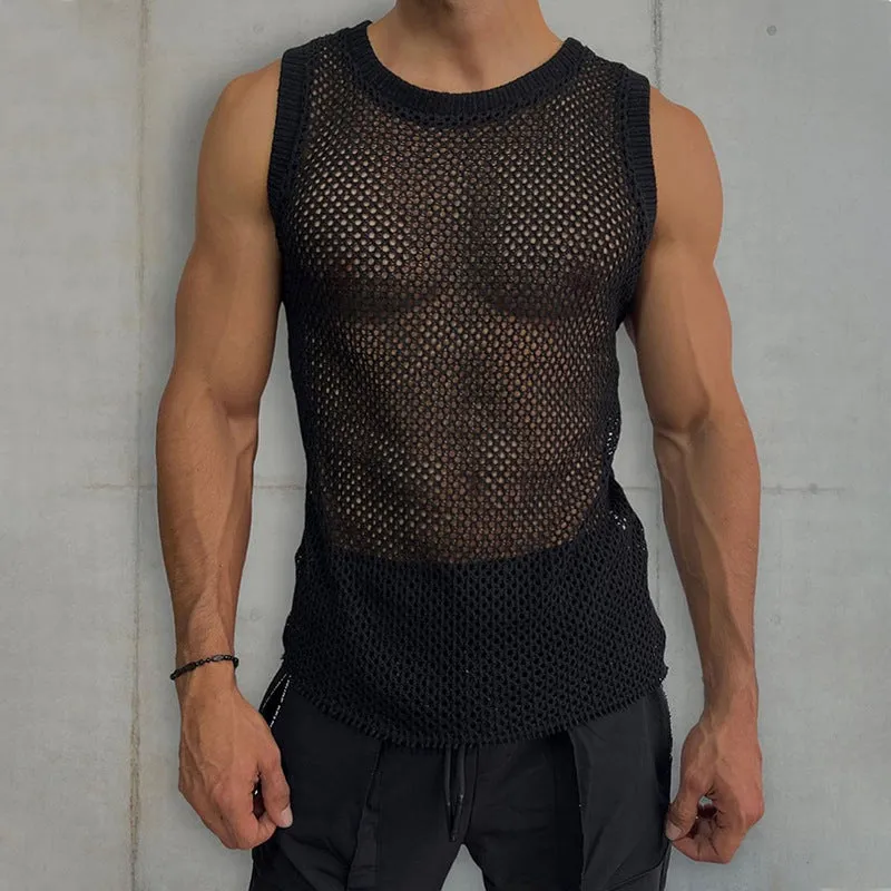 Solid Color Round Neck Sleeveless Hollow Knitted Vest