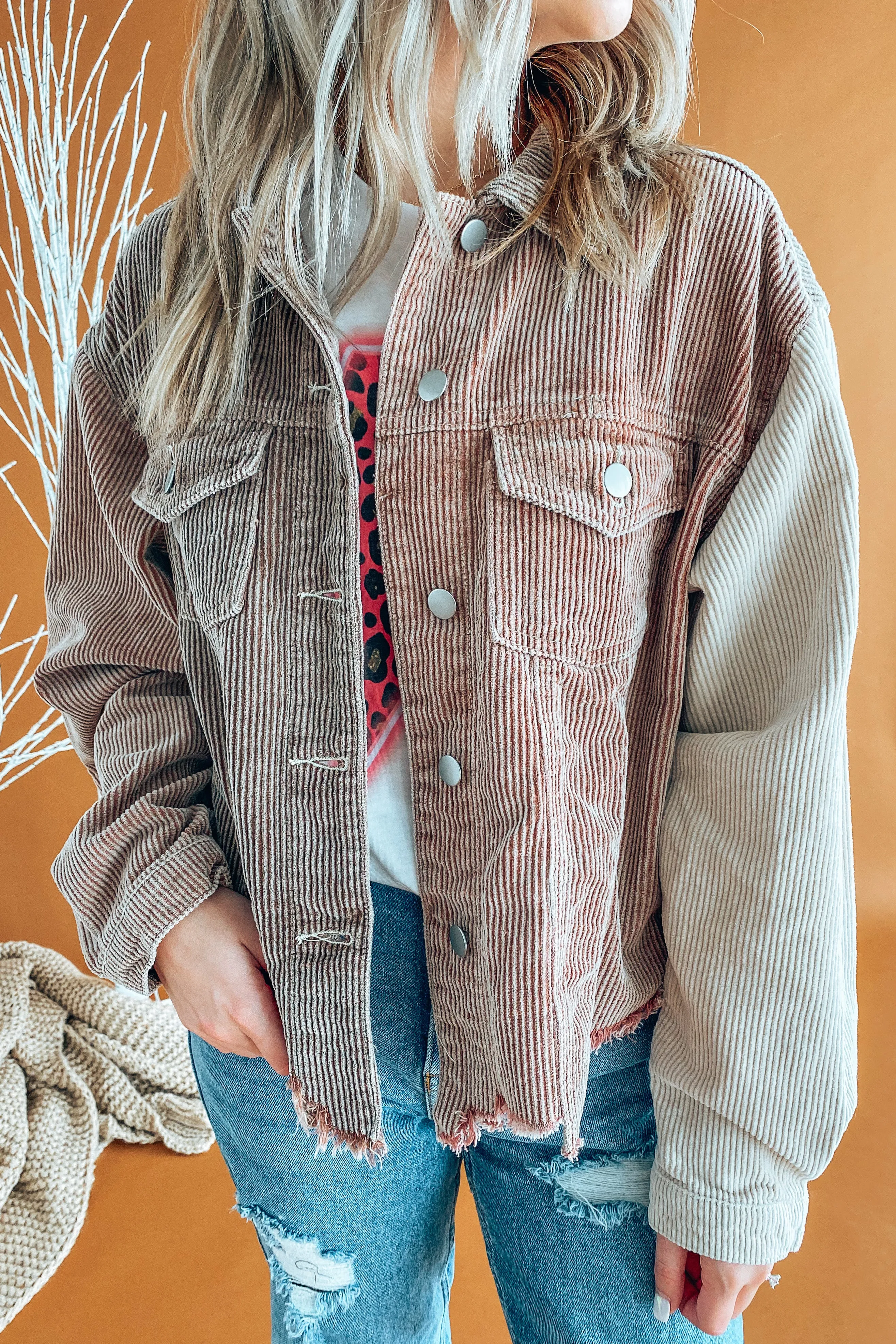Tatum Natural Color Blocked Corduroy Shacket