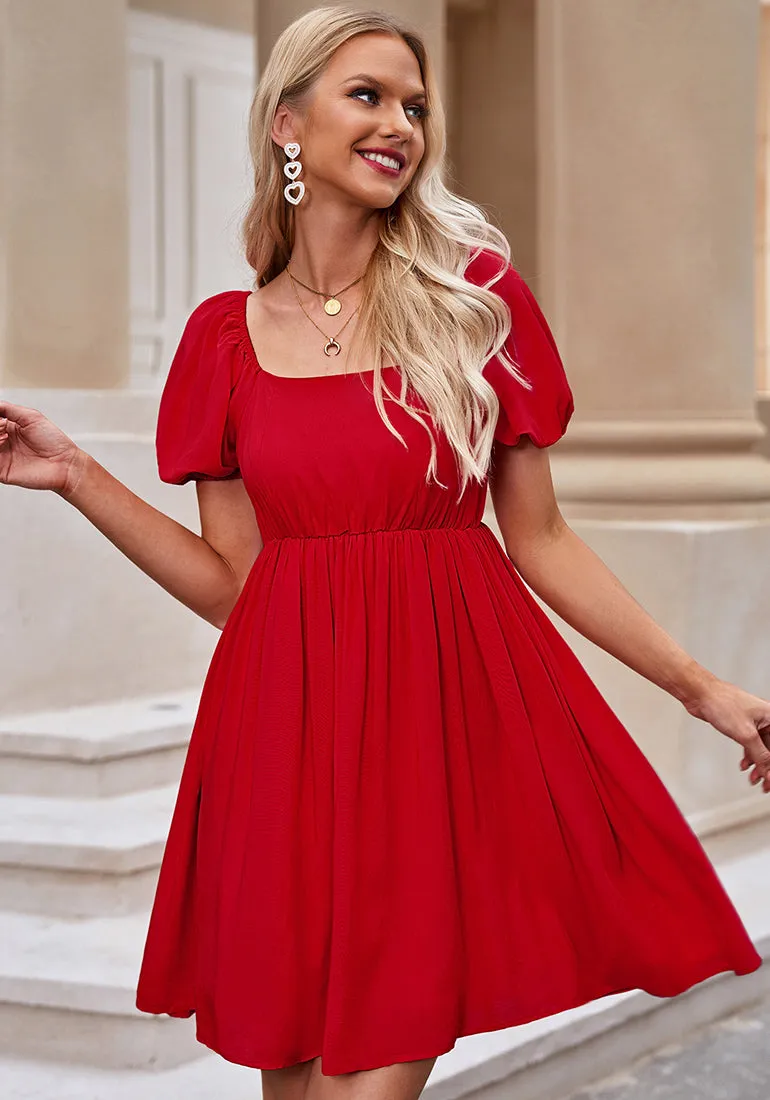 True Red Women's Off the Shoulder Puff Sleeve Square Neck A-Line Babydoll Dresses