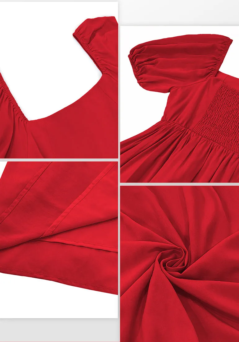 True Red Women's Off the Shoulder Puff Sleeve Square Neck A-Line Babydoll Dresses