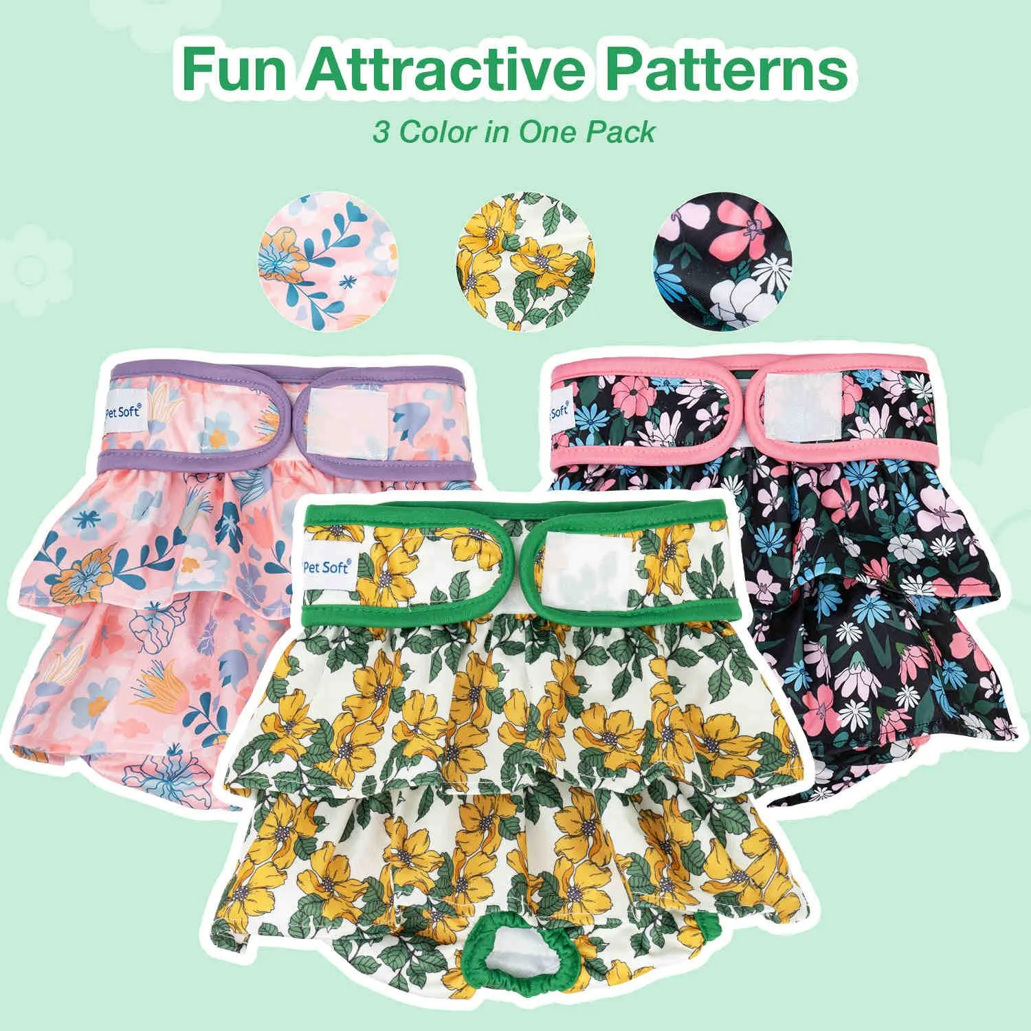 Washable Female Dog Diapers, Reusable Doggy Diapers, with skirt, 3 Pack (Floral)