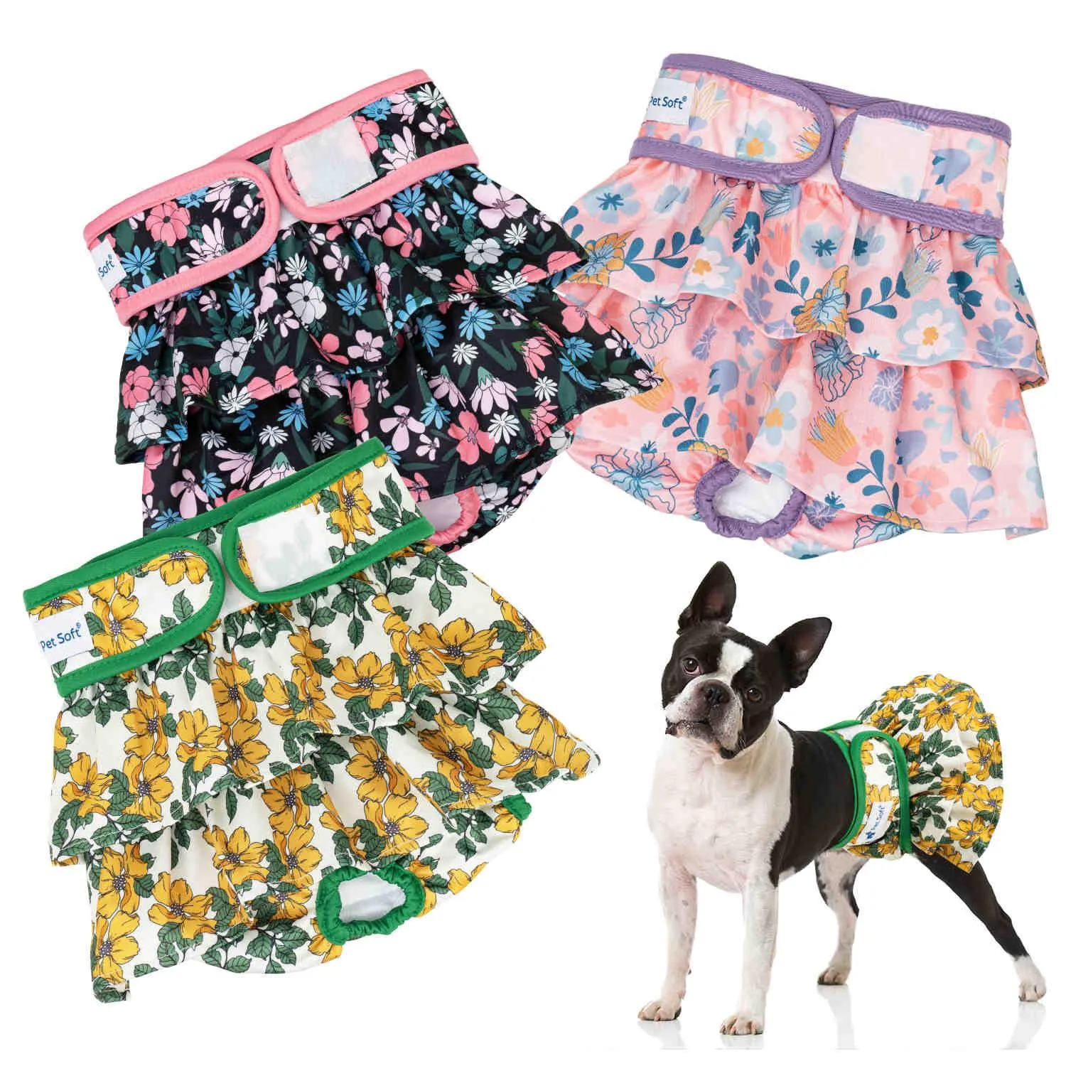Washable Female Dog Diapers, Reusable Doggy Diapers, with skirt, 3 Pack (Floral)