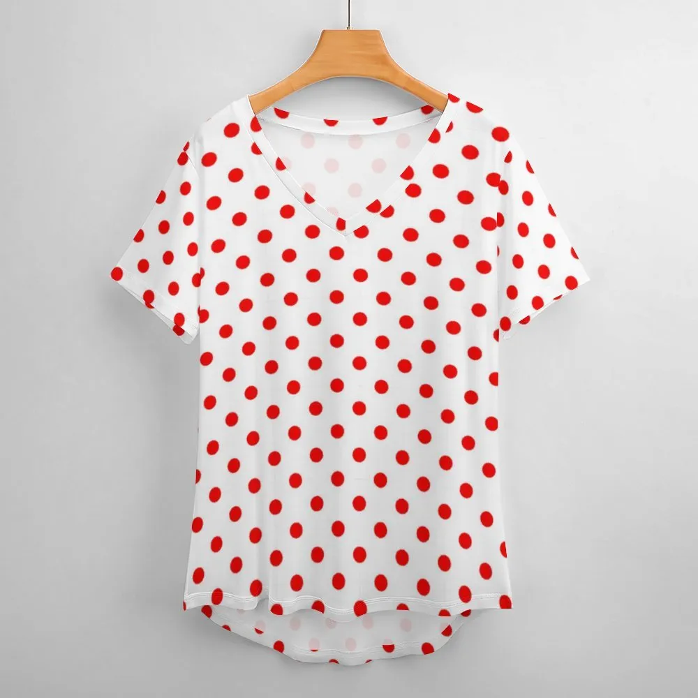 White With Red Polka Dots Women's V-Neck T-Shirt