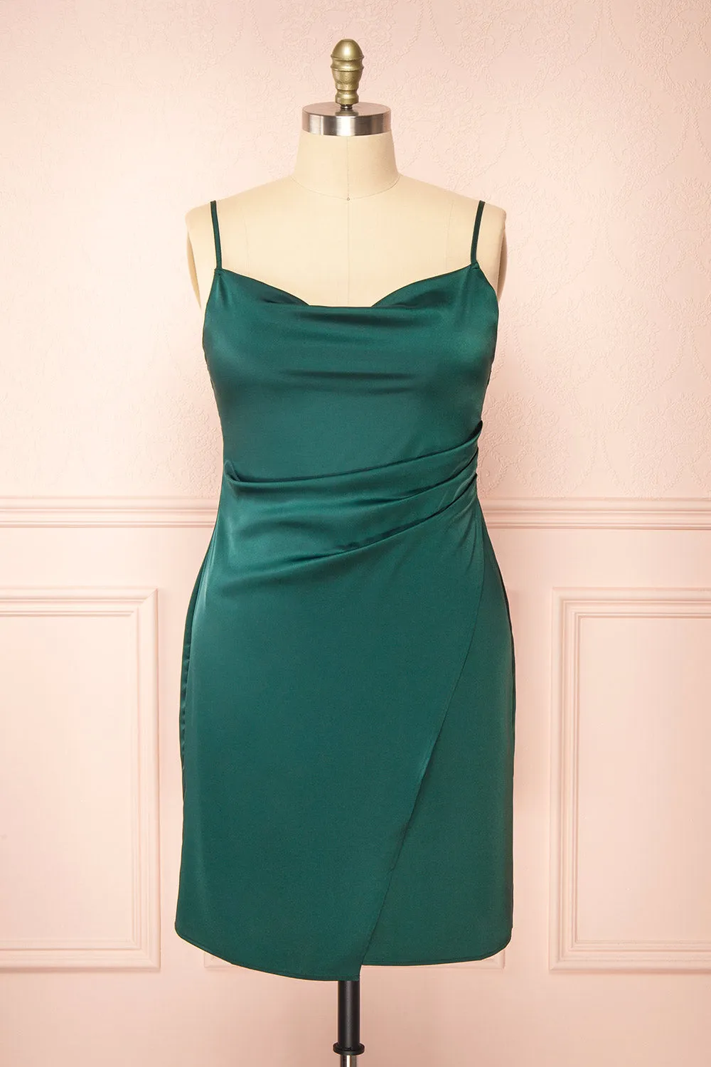 Zaina Green | Cowl Neck Satin Slip Dress