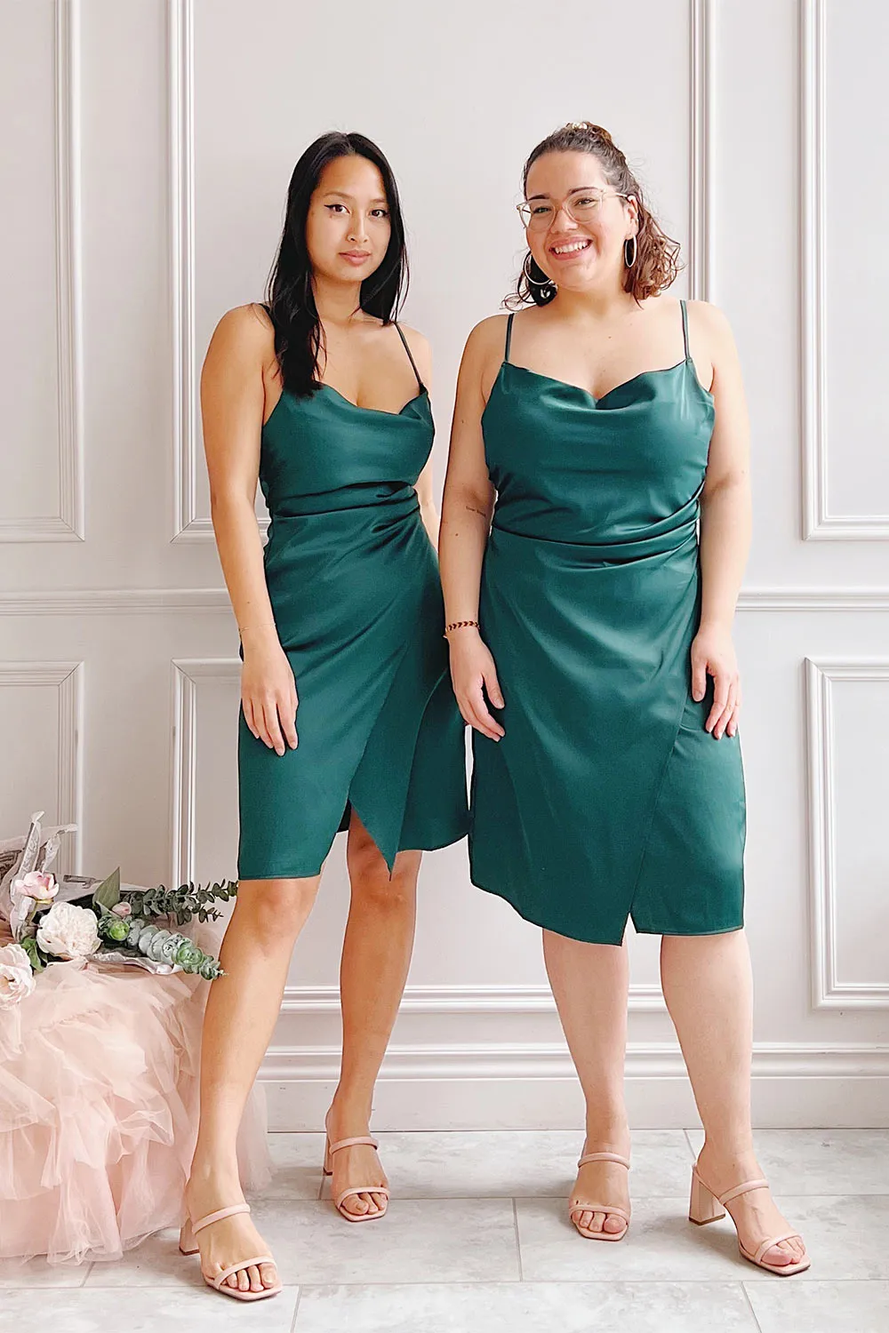 Zaina Green | Cowl Neck Satin Slip Dress